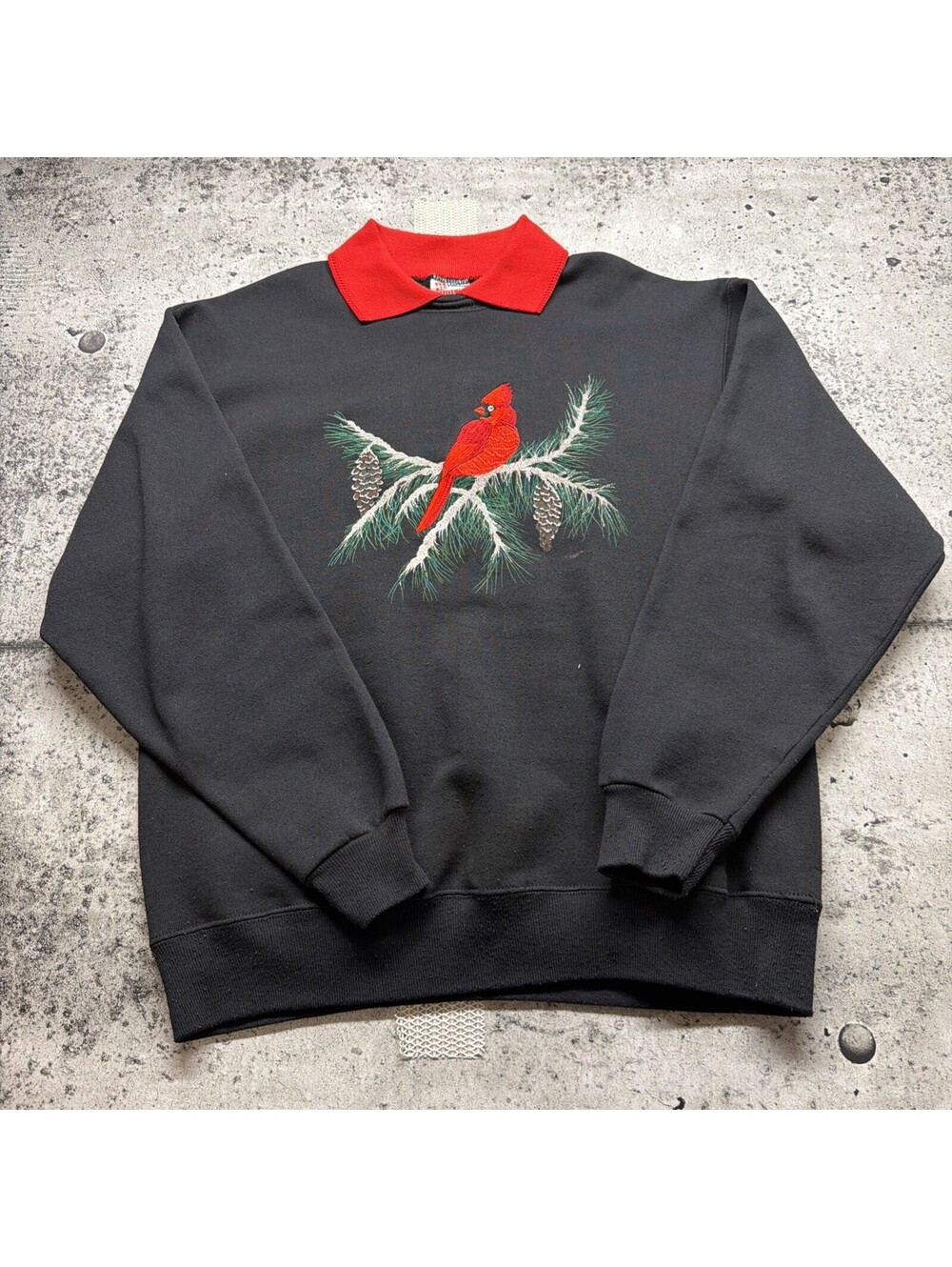 Vintage 80s Artisans Cardinal Bird Collared Sweatshirt Grandma L Boho Cottage
